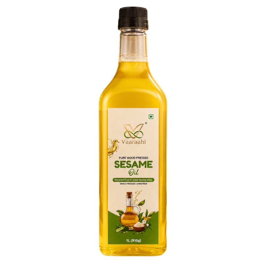 Vaaraahi Pure Wood Pressed Sesame Oil in a 1 litre bottle, made from A1 grade sesame seeds and labelled single pressed and unrefined.