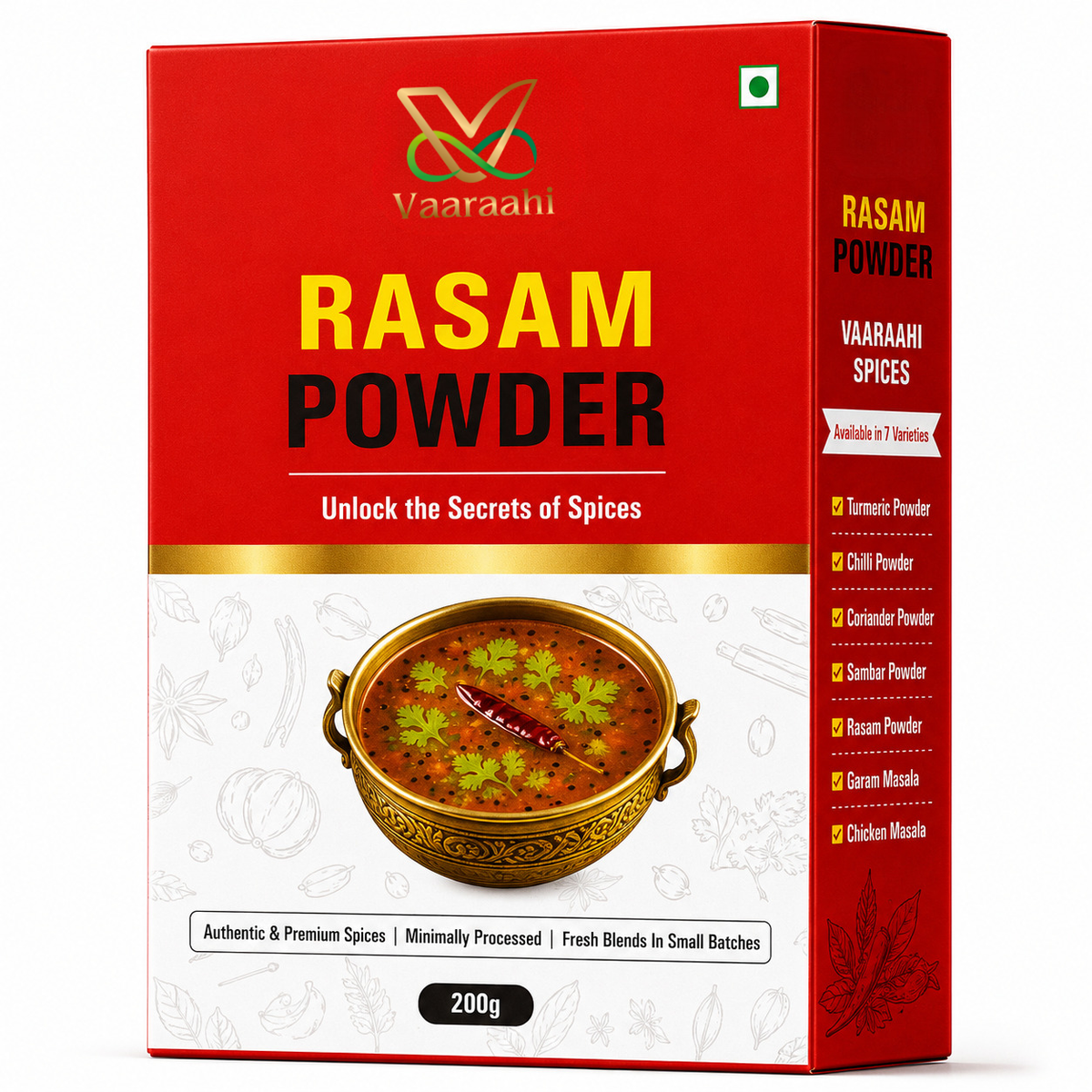 Vaaraahi Rasam Powder 200g box front and side view
