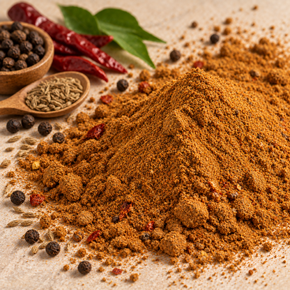 Close-up of Vaaraahi Rasam Powder texture with whole spices