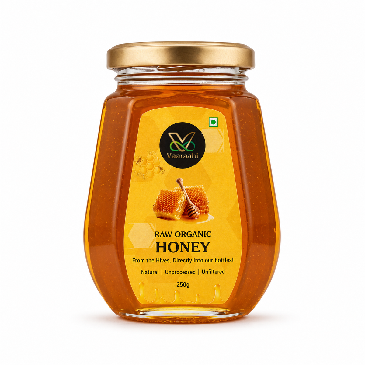 Vaaraahi Raw Honey 250g jar front view on a clean white background.