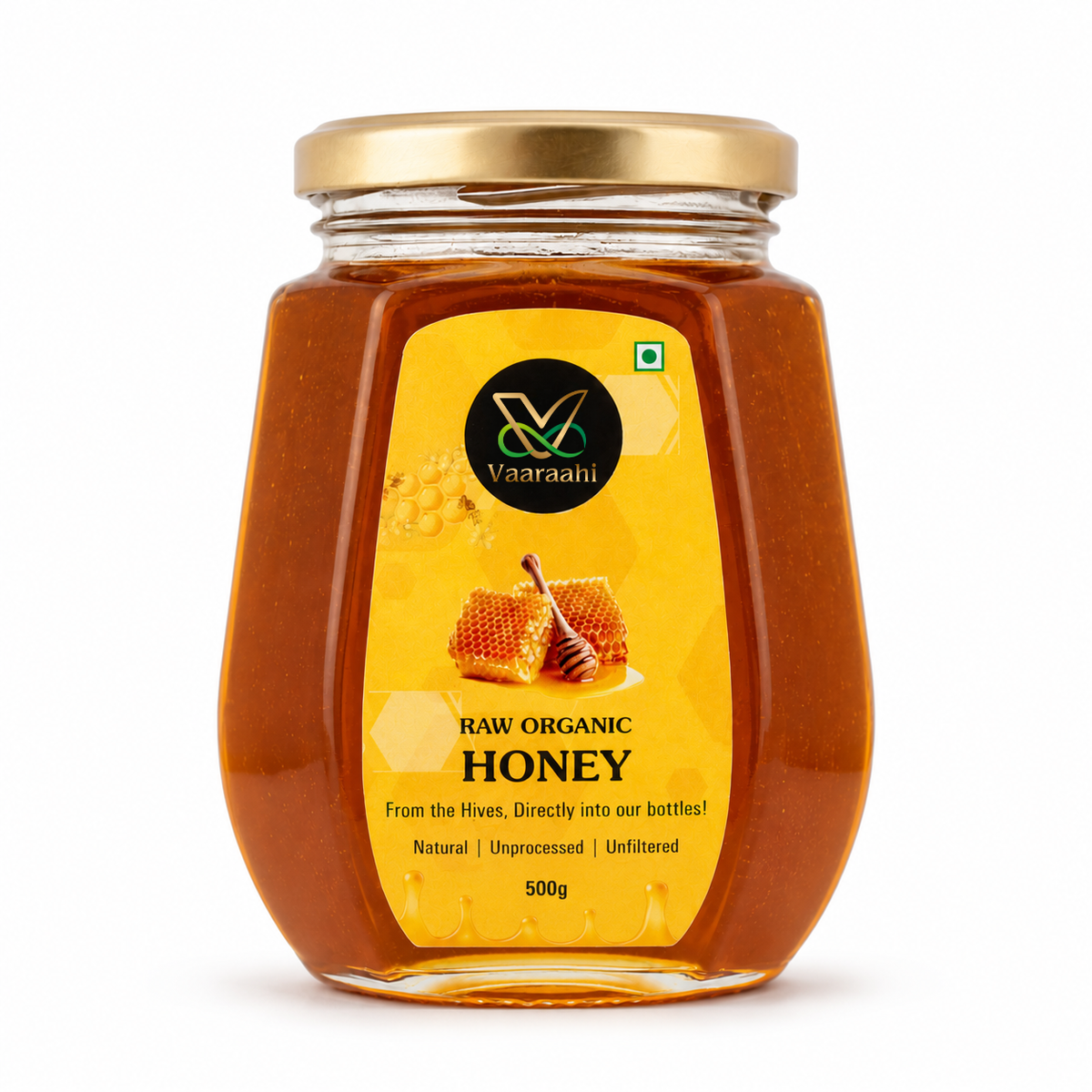 Vaaraahi Raw Honey 500g jar front view on a clean white background.