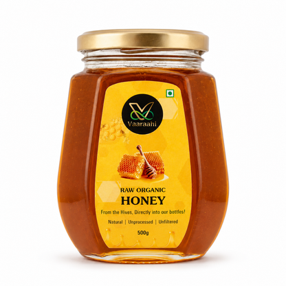 Vaaraahi Raw Honey 500g jar front view on a clean white background.