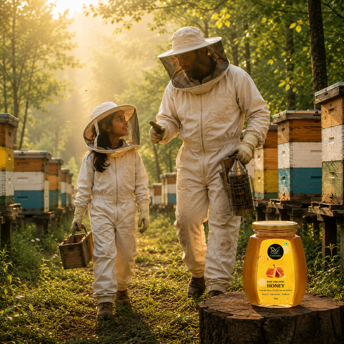 Beekeepers walking through an apiary with Vaaraahi Raw Honey surrounded by beehives.