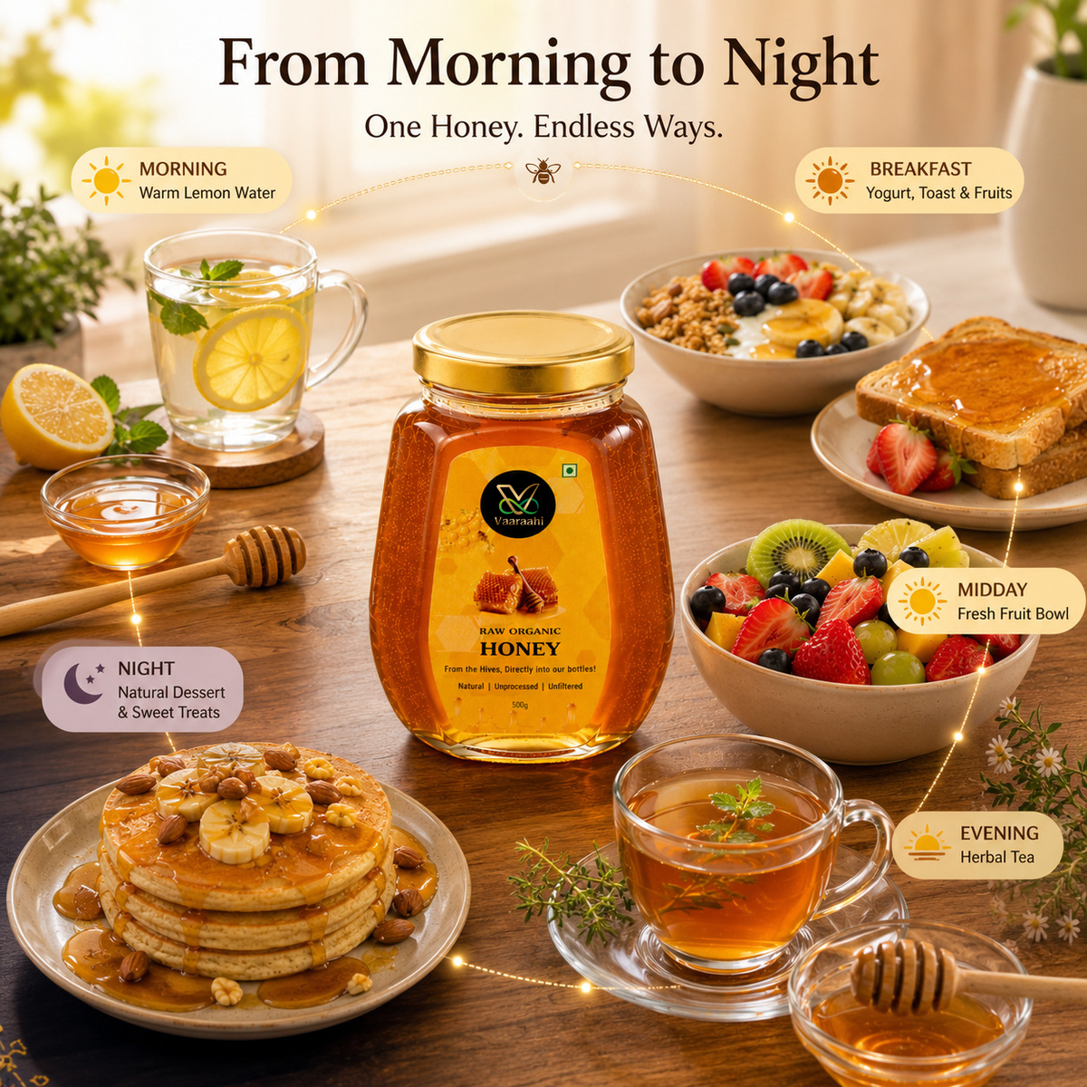 Vaaraahi Raw Honey shown with breakfast, fresh fruit, tea and other daily serving ideas.