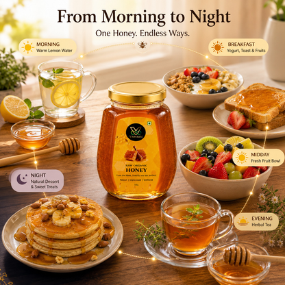 Vaaraahi Raw Honey shown with breakfast, fresh fruit, tea and other daily serving ideas.
