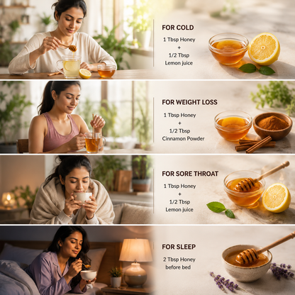 Vaaraahi Raw Honey shown with lemon, cinnamon, warm drinks and other serving combinations.