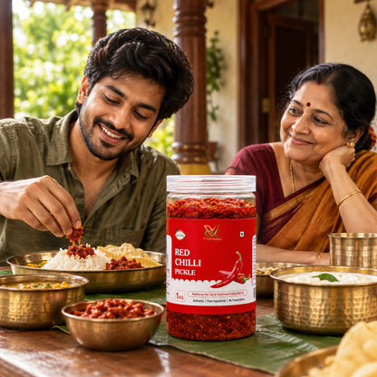 Son enjoying rice with Vaaraahi Red Chilli Pickle with his mother