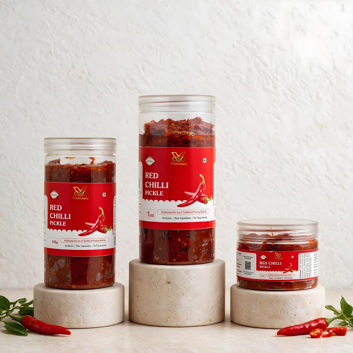 Vaaraahi Red Chilli Pickle available in multiple pack sizes