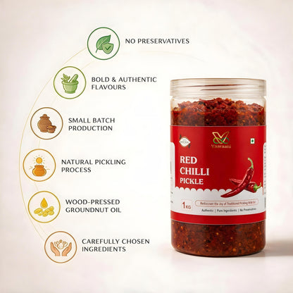 Vaaraahi Red Chilli Pickle features including no preservatives and wood-pressed groundnut oil
