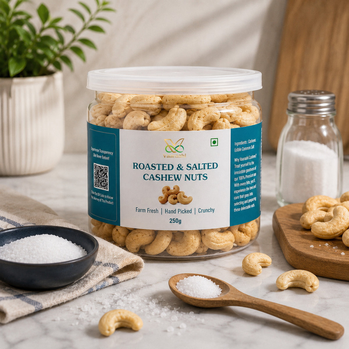 Vaaraahi Roasted & Salted Cashew Nuts 250g jar with lightly salted cashews