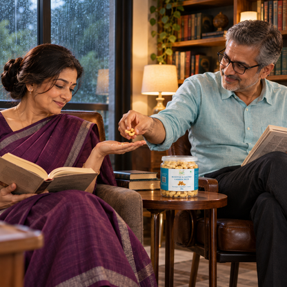 Couple sharing Vaaraahi Roasted & Salted Cashew Nuts while relaxing at home