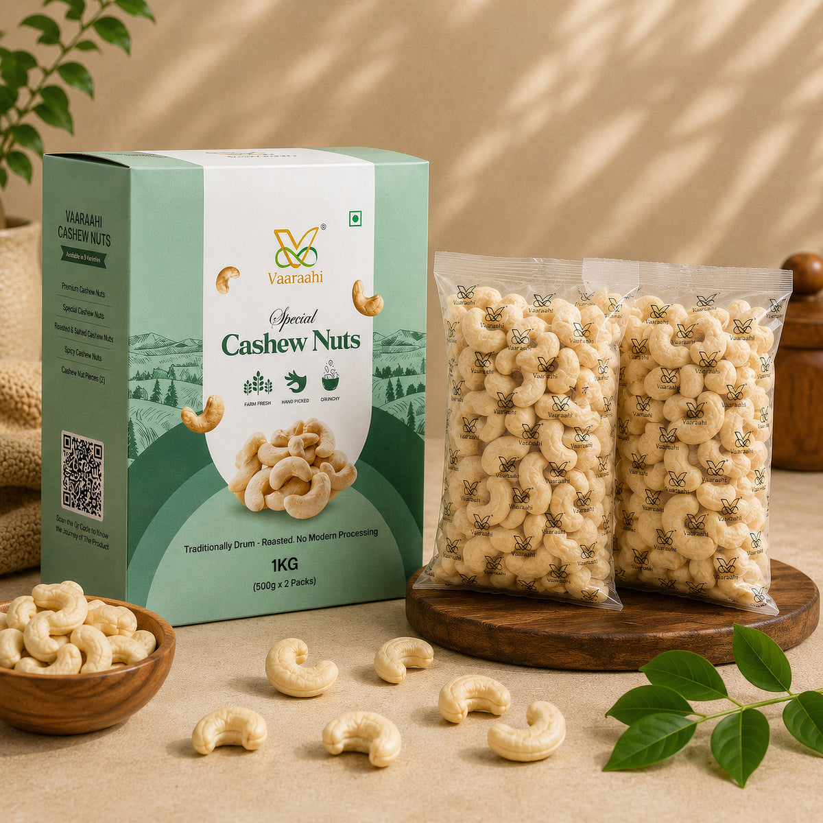 Vaaraahi Special Cashew Nuts 1kg box with two 500g sealed cashew packs