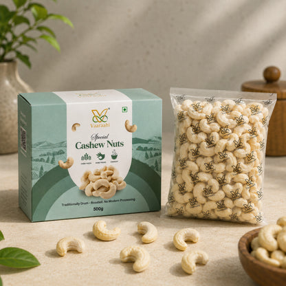 Vaaraahi Special Cashew Nuts 500g box with sealed cashew pack