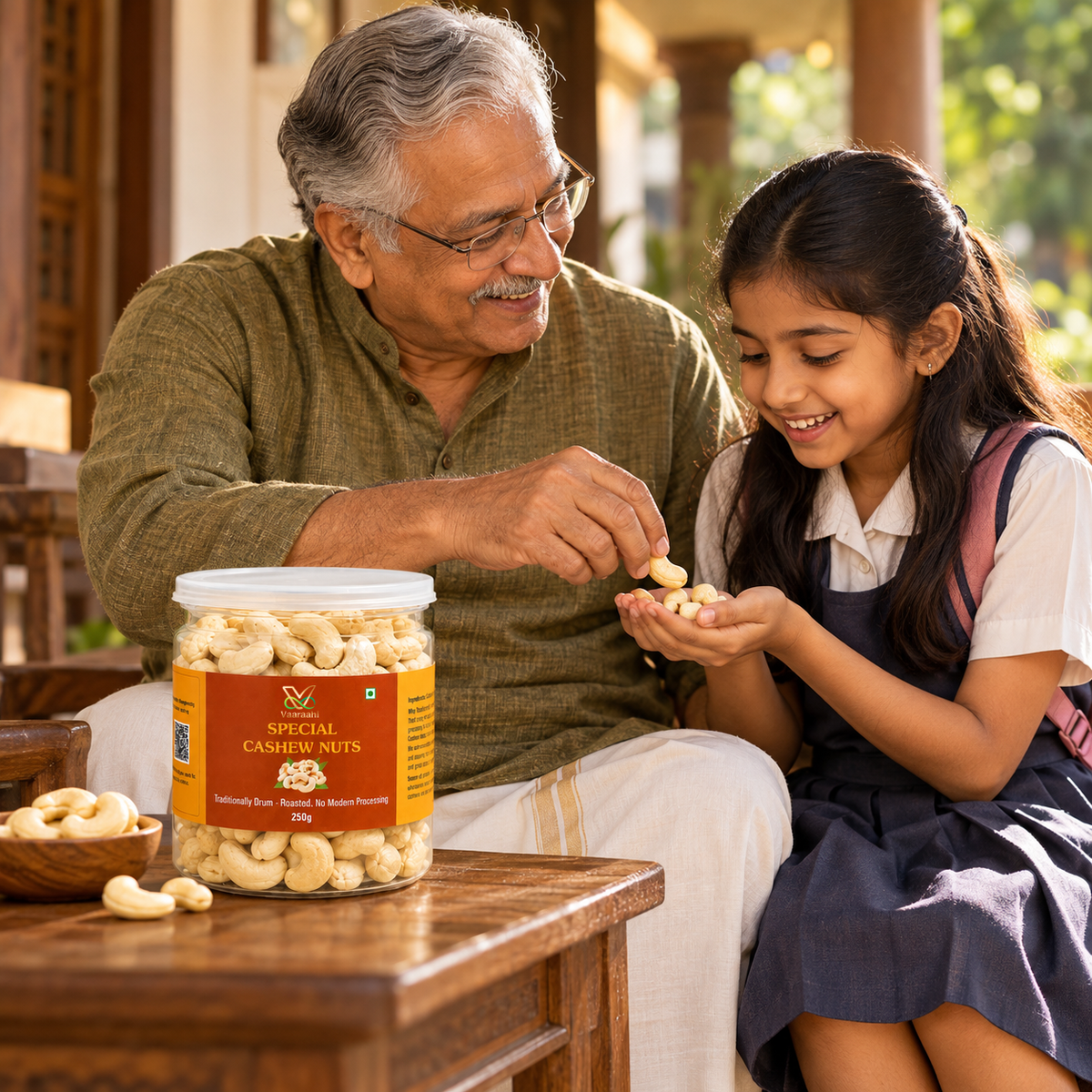 Grandfather sharing Vaaraahi Special Cashew Nuts with his granddaughter at home