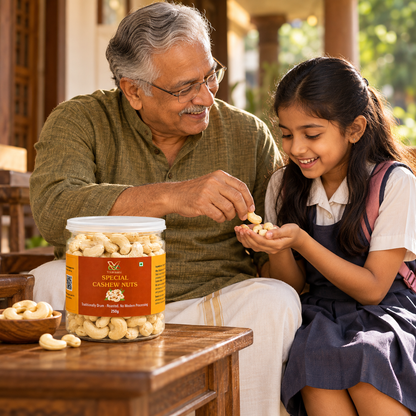 Grandfather sharing Vaaraahi Special Cashew Nuts with his granddaughter at home