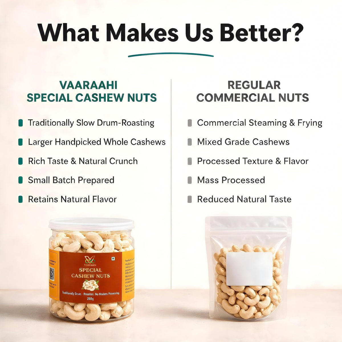 Vaaraahi Special Cashew Nuts traditional drum-roasting and quality comparison