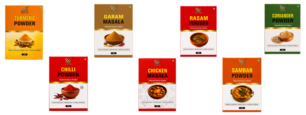 Vaaraahi Spices collection featuring Turmeric, Chilli, Coriander, Rasam and Sambar Powders, Garam Masala and Chicken Masala in 200g packs.