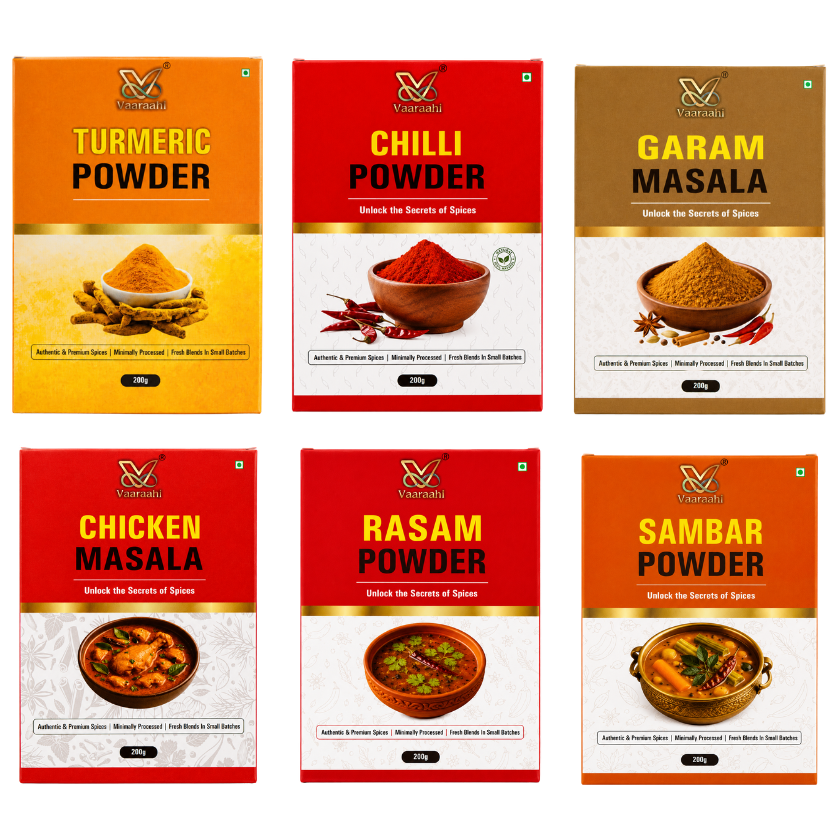 Vaaraahi Spices collection featuring Turmeric, Chilli, Rasam and Sambar Powders, Garam Masala and Chicken Masala in 200g packs.