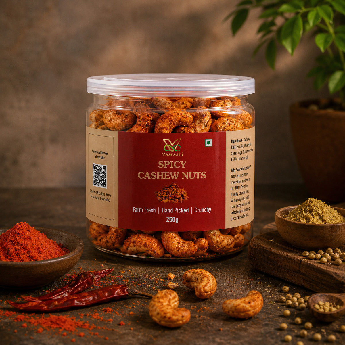 Vaaraahi Spicy Cashew Nuts 250g jar with Indian spices