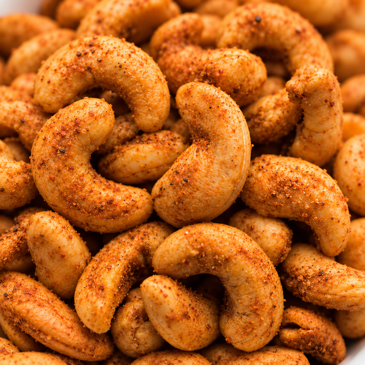 Close-up of Vaaraahi Spicy Cashew Nuts with visible Indian spice seasoning