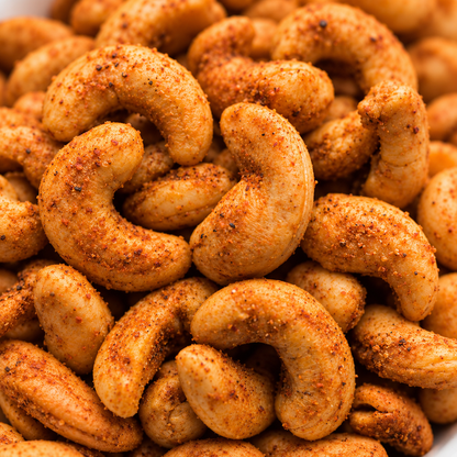 Close-up of Vaaraahi Spicy Cashew Nuts with visible Indian spice seasoning