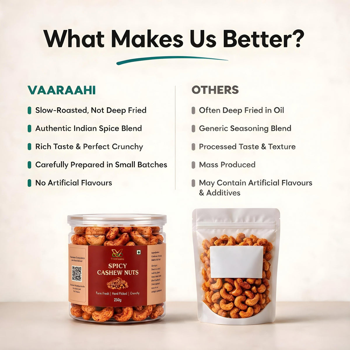 Vaaraahi Spicy Cashew Nuts slow-roasted quality and spice blend comparison