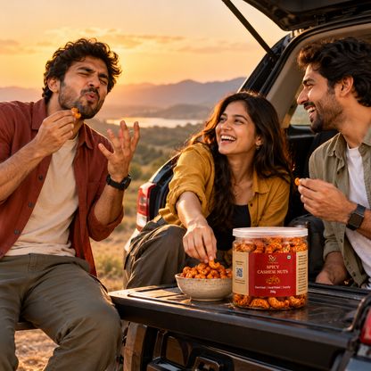Friends enjoying Vaaraahi Spicy Cashew Nuts during an outdoor road trip