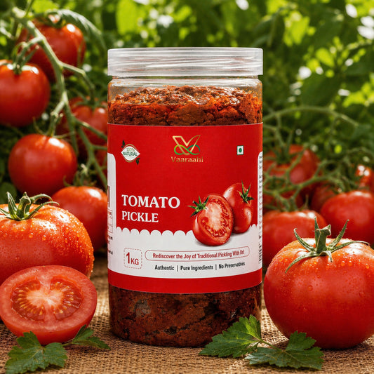 Vaaraahi Tomato Pickle 1kg jar with fresh ripe tomatoes