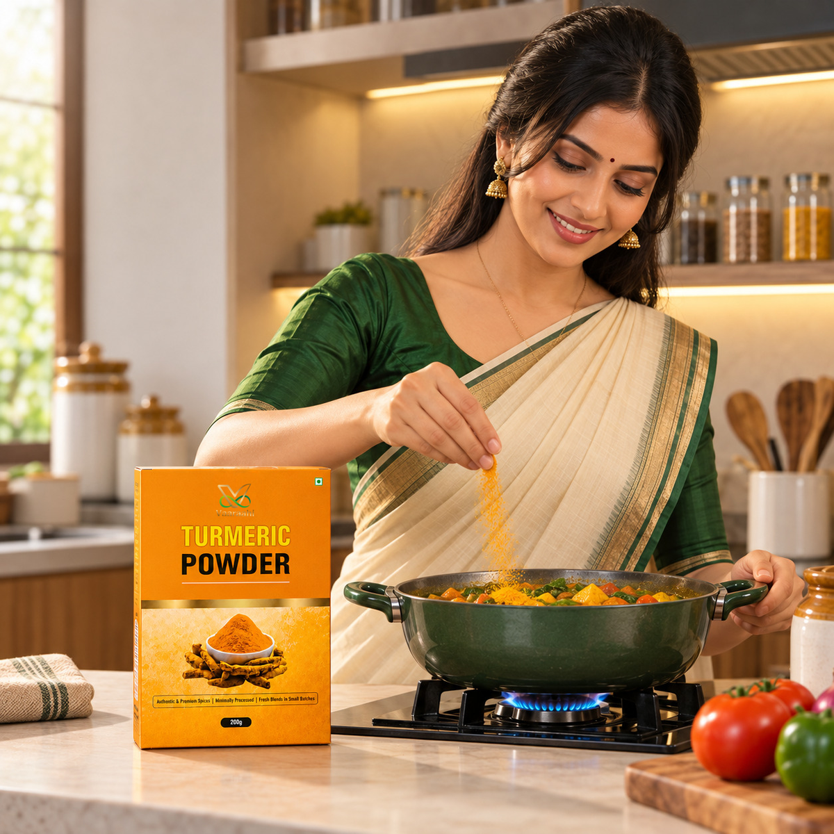 Vaaraahi Turmeric Powder used in cooking in a modern Indian kitchen