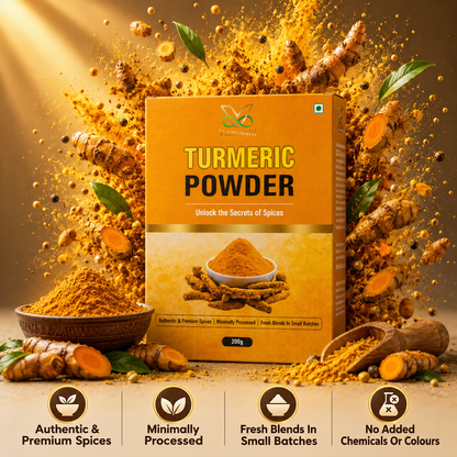 Vaaraahi Turmeric Powder with turmeric roots, powder and product features