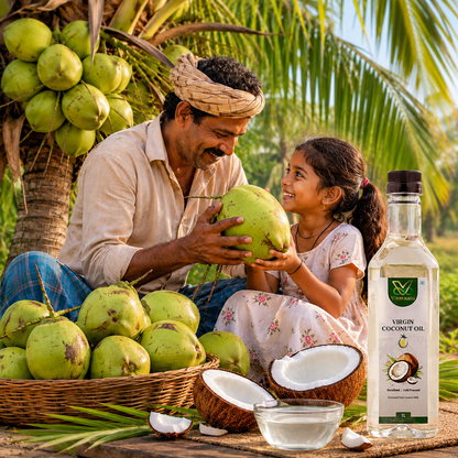 Vaaraahi Virgin Coconut Oil bottle with fresh coconuts and coconut farming family