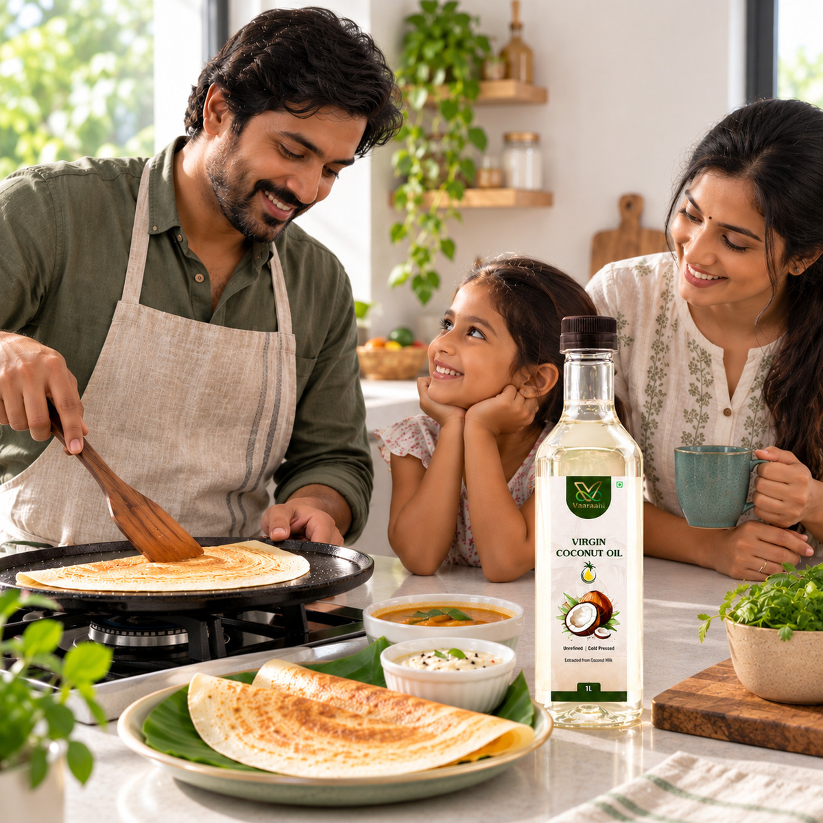 Vaaraahi Virgin Coconut Oil bottle with family preparing a traditional breakfast
