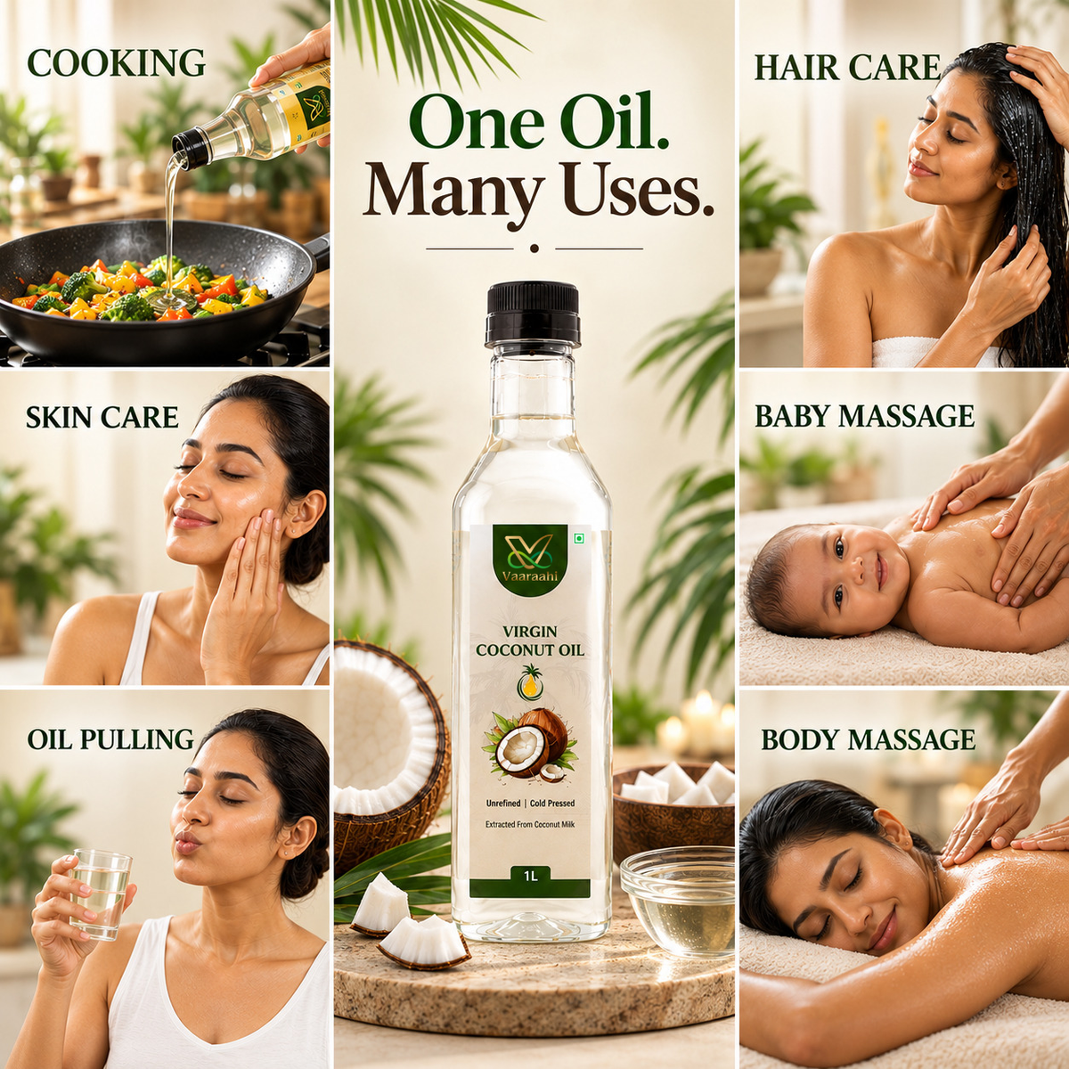 Vaaraahi Virgin Coconut Oil multiple uses including cooking and personal care
