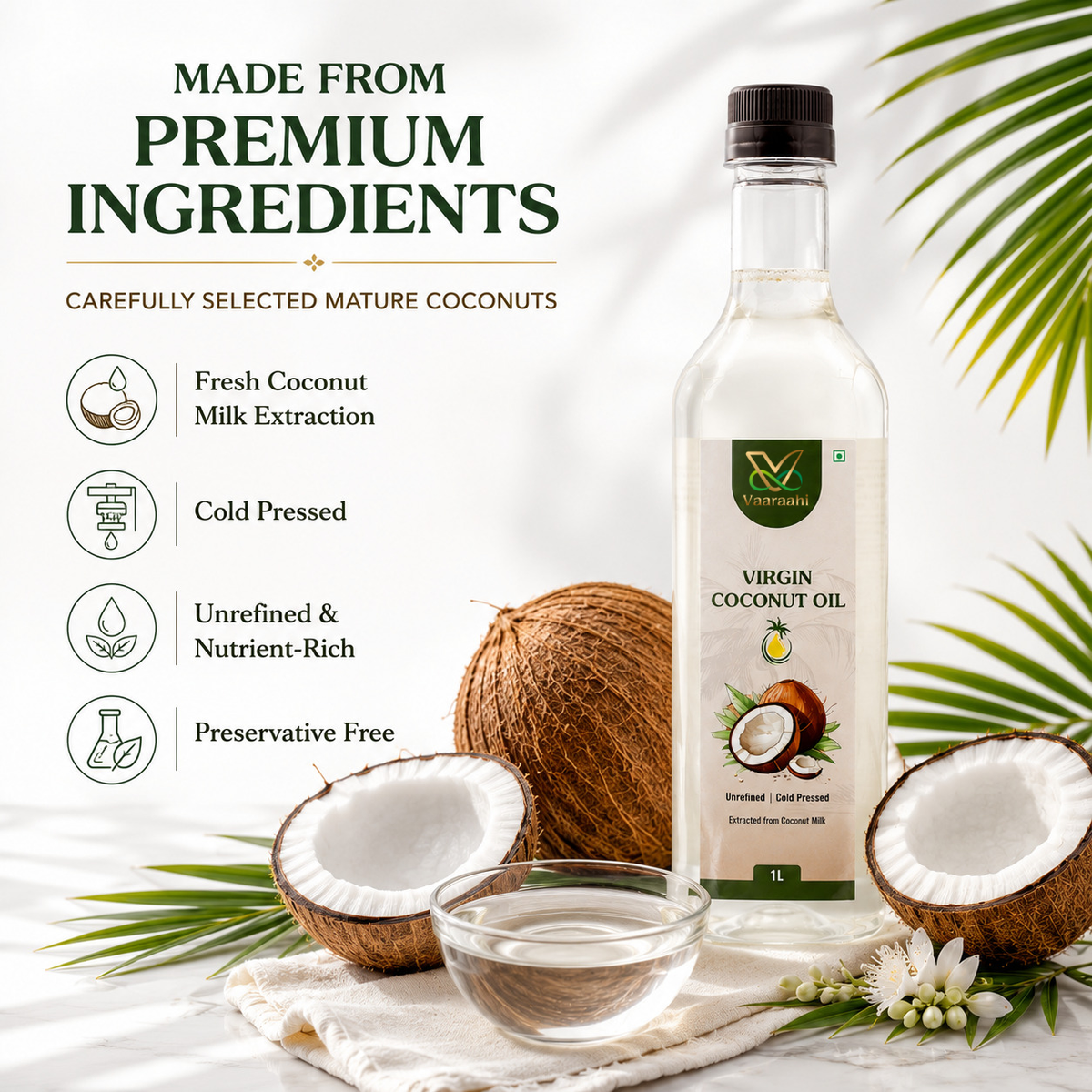Vaaraahi Virgin Coconut Oil bottle with mature coconuts and coconut oil