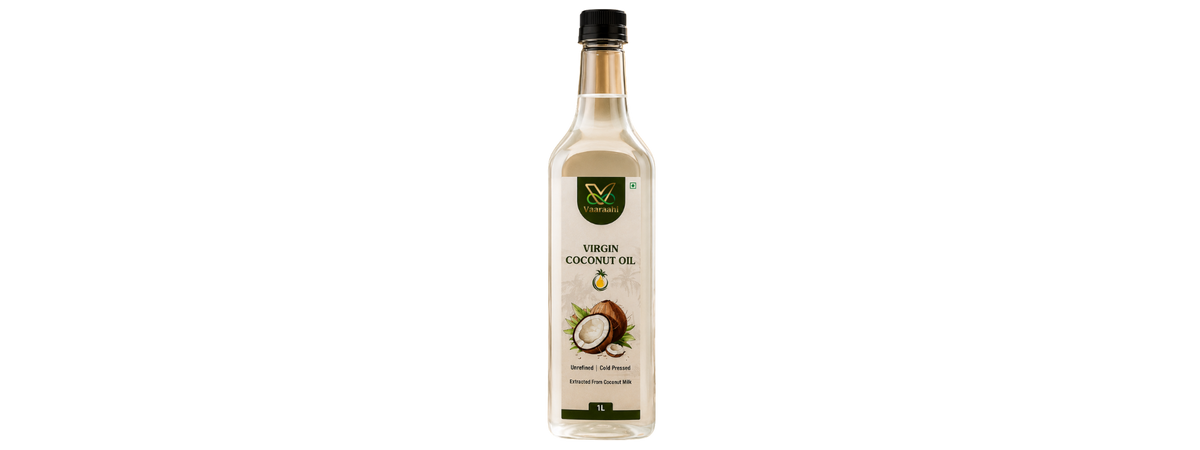 Vaaraahi Virgin Coconut Oil in a 1 litre bottle, labelled unrefined and cold pressed, extracted from coconut milk.