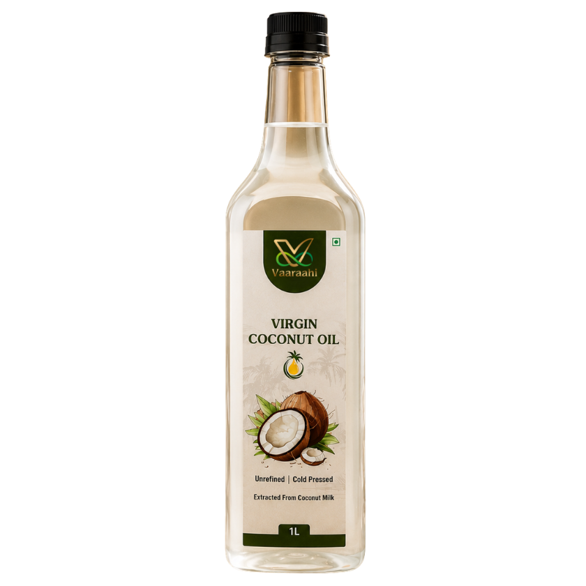 Vaaraahi Virgin Coconut Oil in a 1 litre bottle, labelled unrefined and cold pressed, extracted from coconut milk.