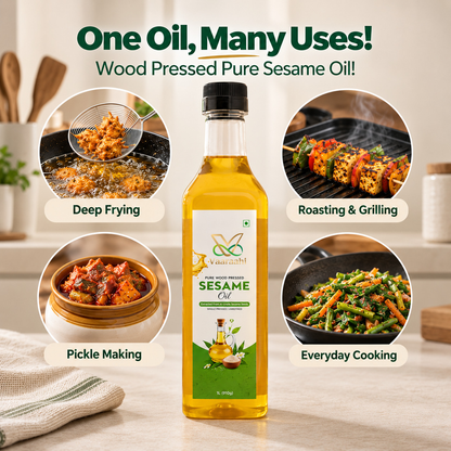 Vaaraahi Wood-Pressed White Sesame Oil for deep frying, roasting and grilling, pickle making, and everyday cooking.