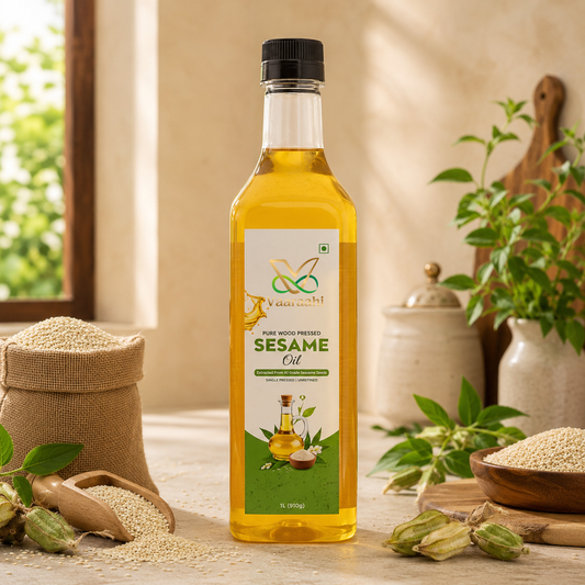 Vaaraahi Pure Wood-Pressed White Sesame Oil 1L bottle displayed with sesame seeds in a traditional kitchen setting.