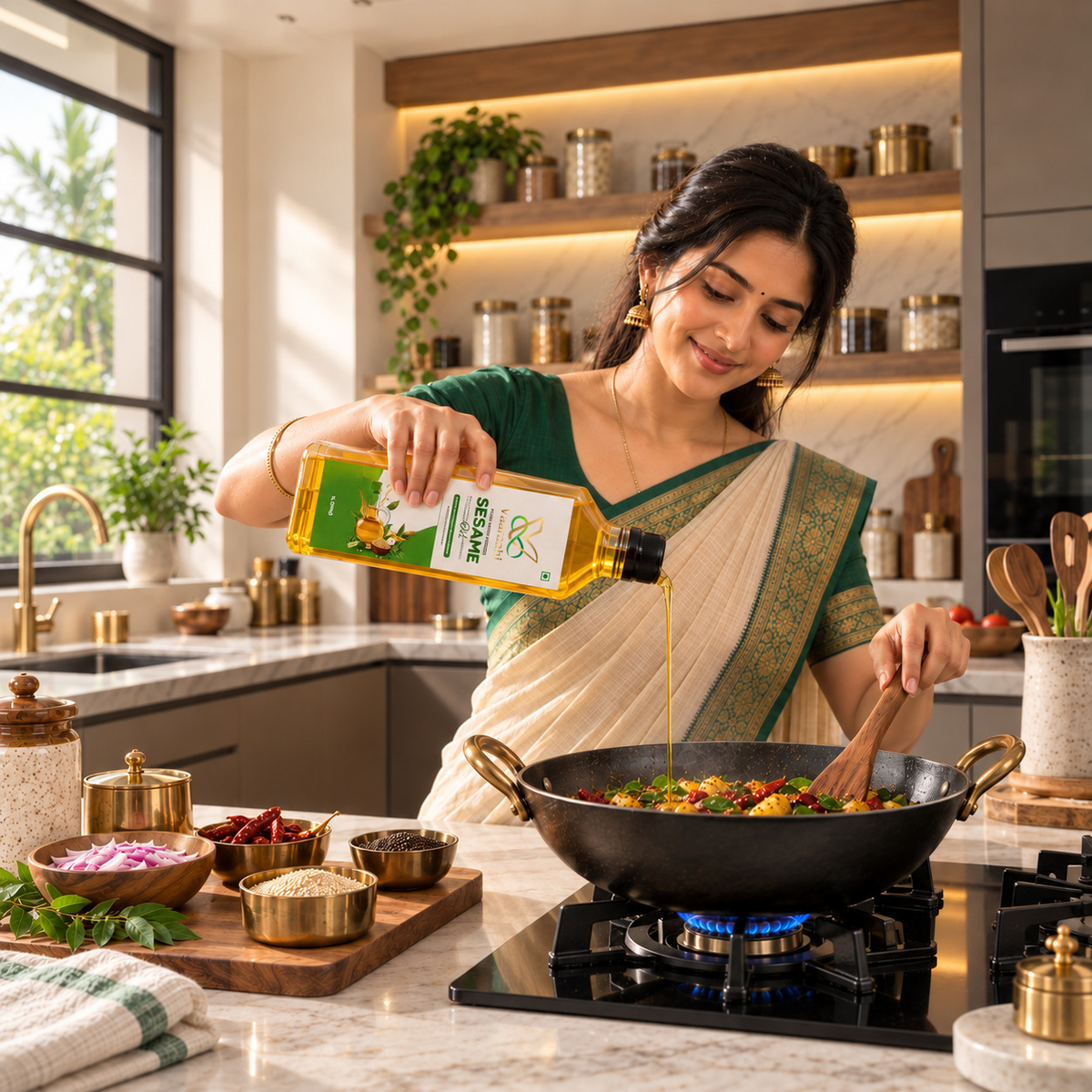 Woman pouring Vaaraahi Pure Wood-Pressed White Sesame Oil into a cooking pan while preparing food in a modern kitchen.