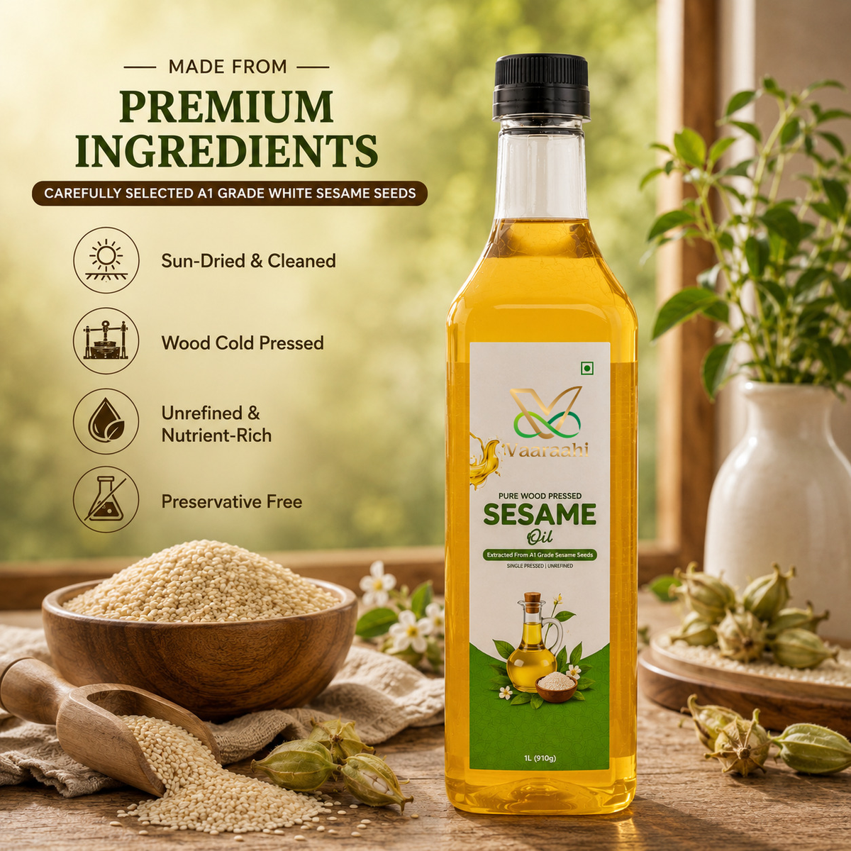 Vaaraahi White Sesame Oil made from carefully selected white sesame seeds with traditional wood pressing and minimal processing.