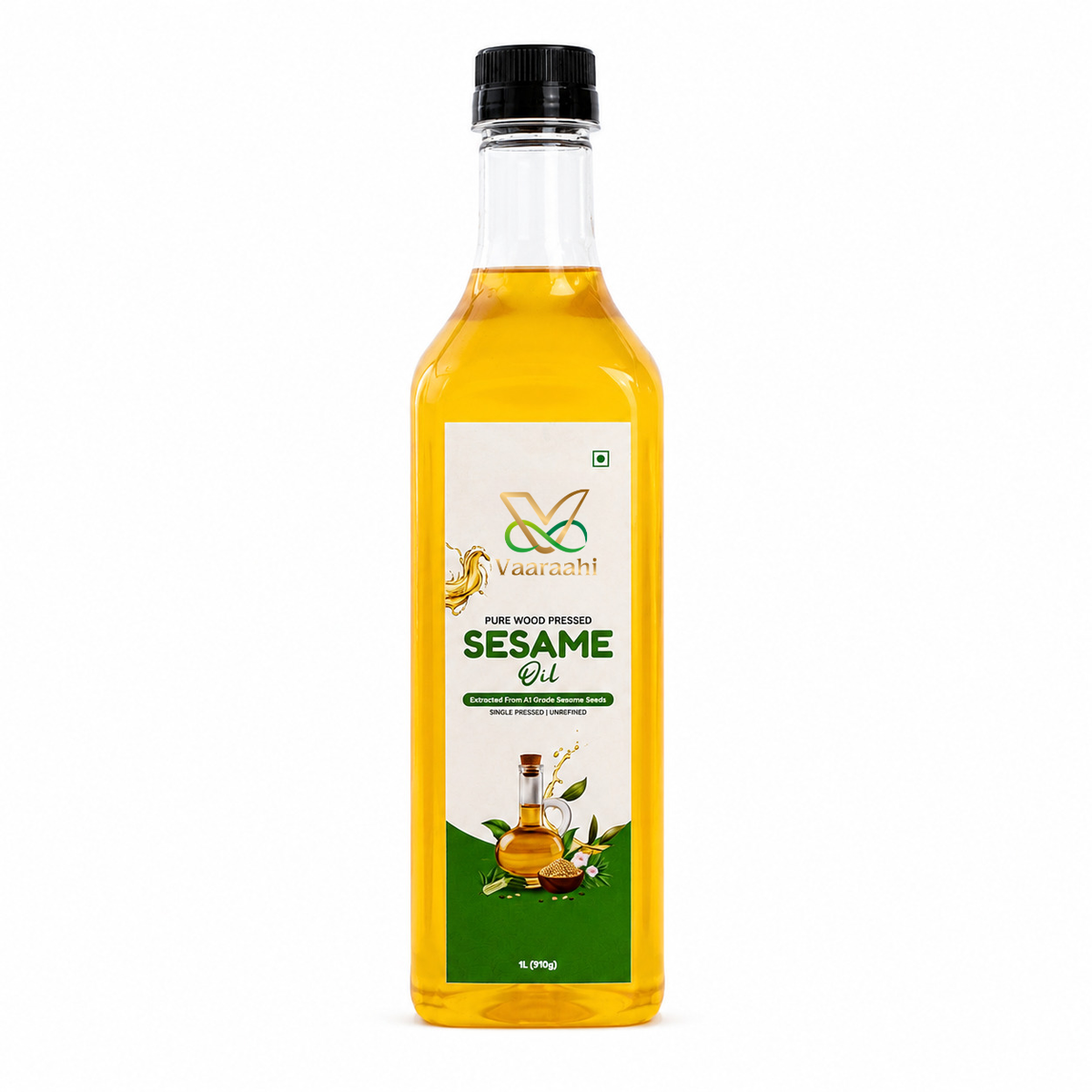 Vaaraahi Pure Wood-Pressed White Sesame Oil 1L bottle on a white background.