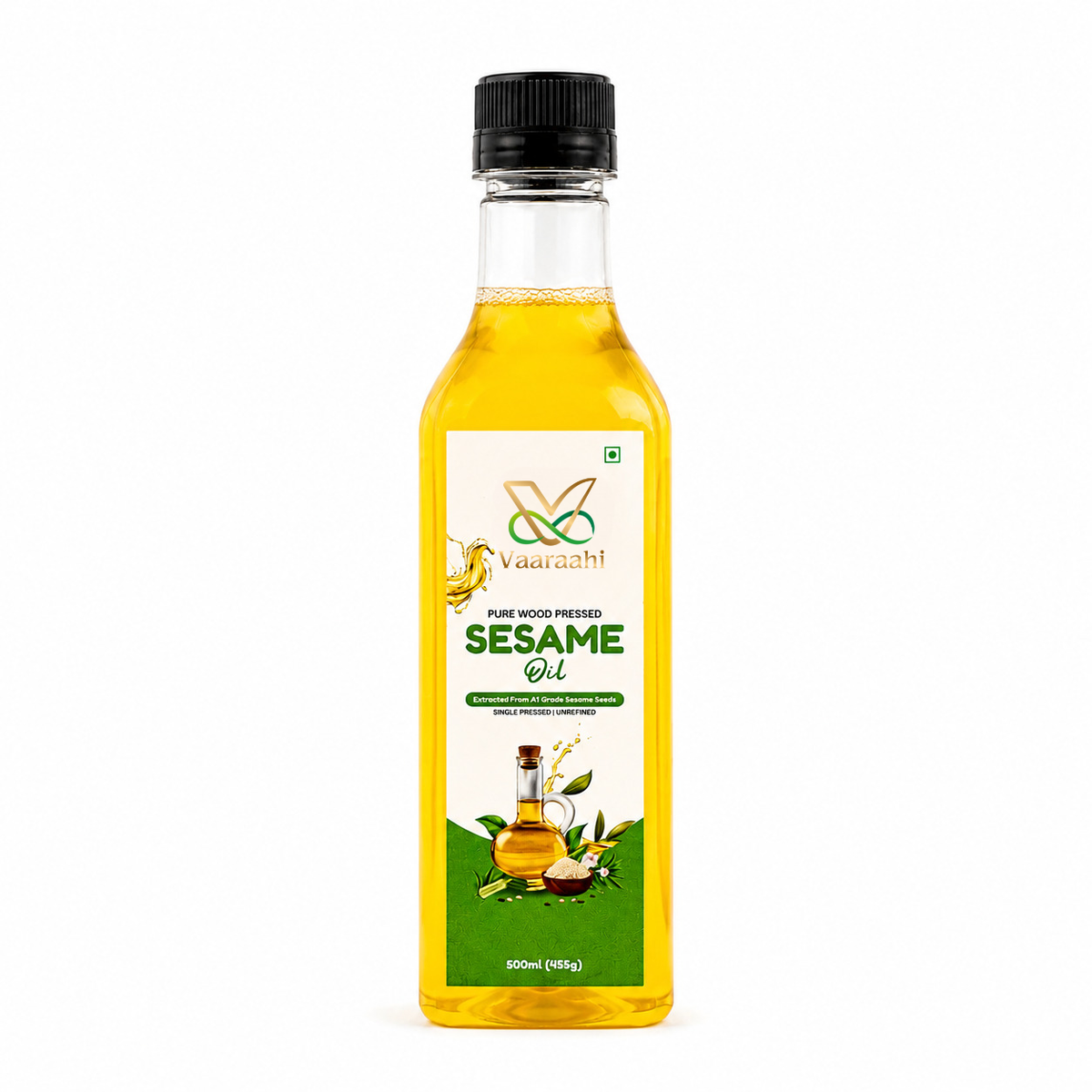 Vaaraahi Pure Wood-Pressed White Sesame Oil 500ml bottle on a white background.