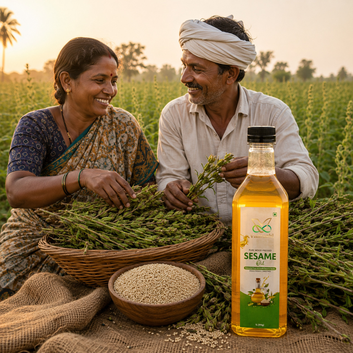 Farmers handling sesame plants in a field alongside a Vaaraahi White Sesame Oil bottle.