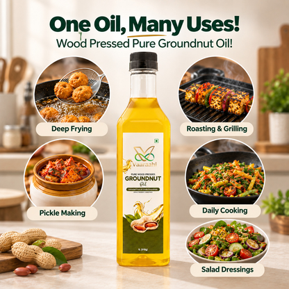 Vaaraahi Wood Pressed Groundnut Oil showcased for multiple uses including deep frying, roasting and grilling, pickle making, daily cooking, and salad dressings.